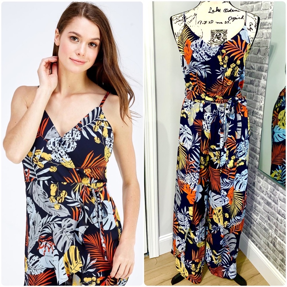 She + Sky Navy Palm Print Jumpsuit